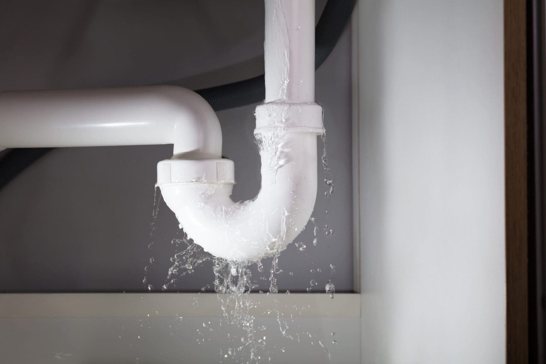 Tenant's photo: water dripping from both slip nuts and the bend of a white P-trap under a kitchen sink.